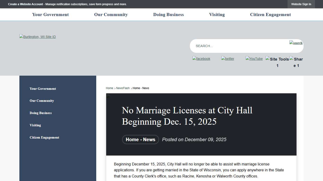 No Marriage Licenses at City Hall Beginning Dec. 15, 2025 • Burlington, WI